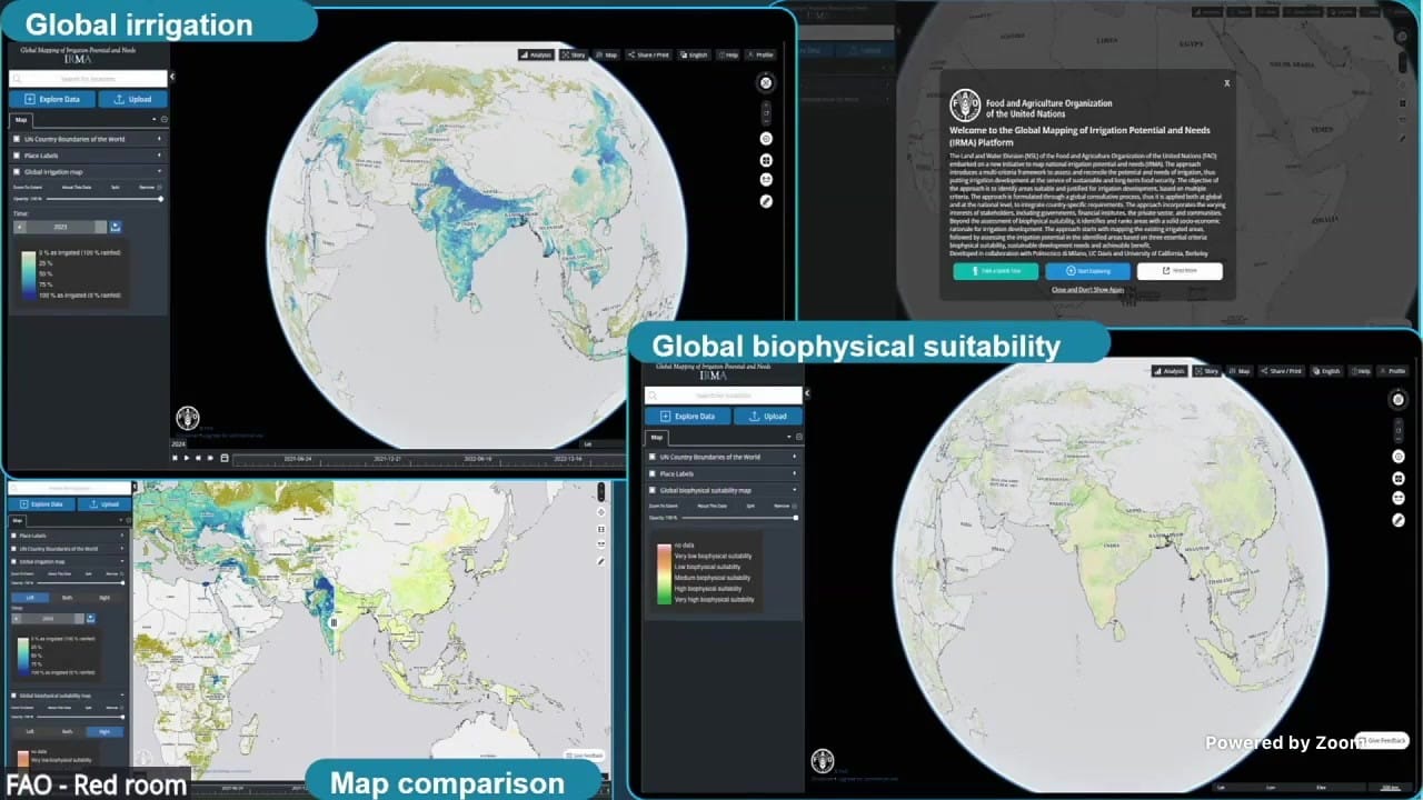 Screenshots of the IRMA platform showing global maps of irrigation and biophysical suitability