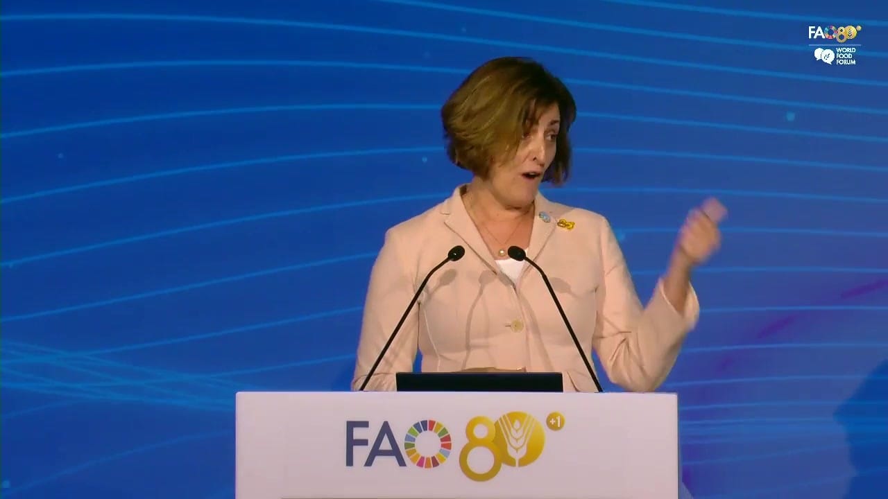 Beth Bechdol gesturing at the FAO lectern