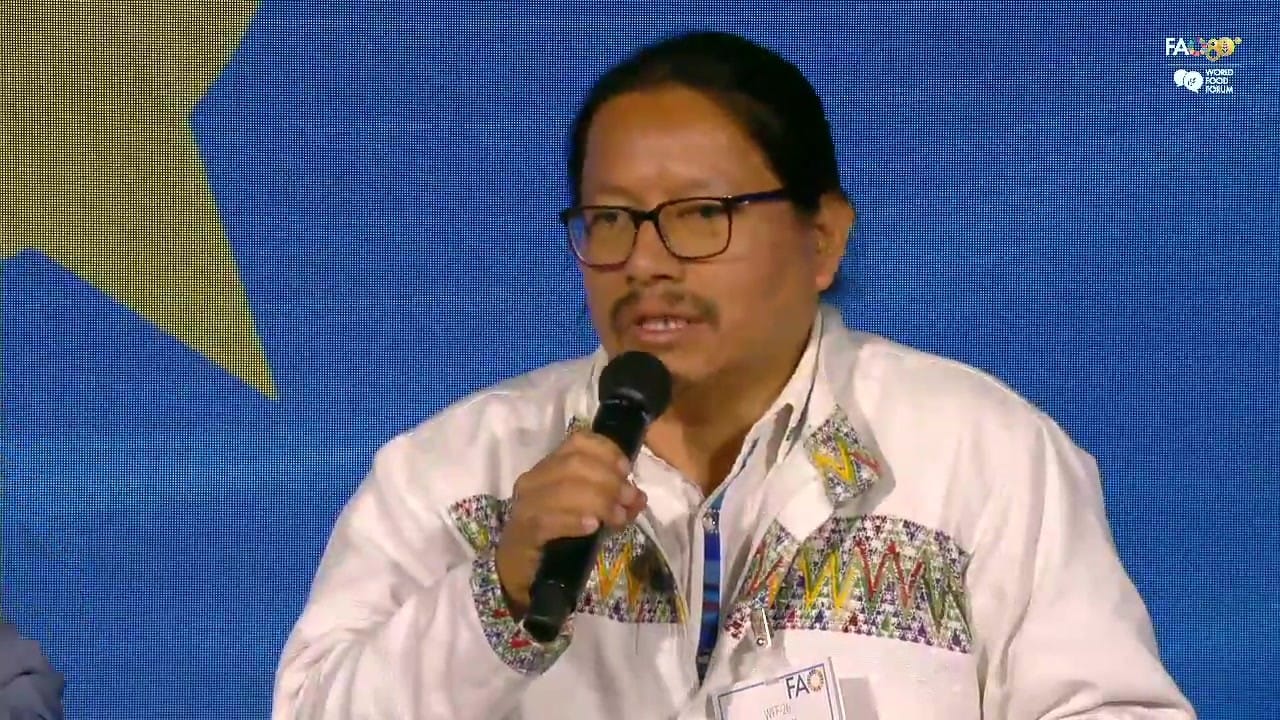 Dionicio Canahui speaking into a microphone on the panel