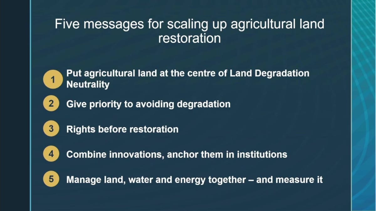 Slide: five messages for scaling up agricultural land restoration, including 'Rights before restoration'