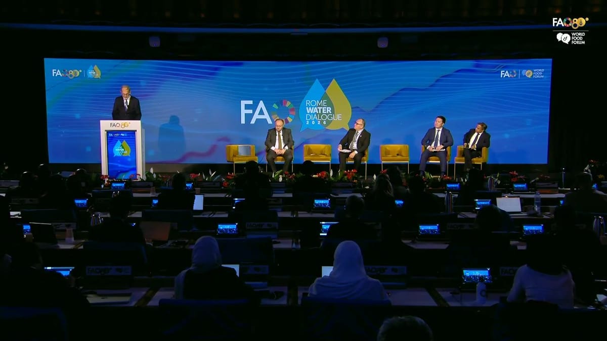 Germany's Ambassador Andreas von Brandt at the lectern in FAO's Plenary Hall, with the ministerial panel seated on stage