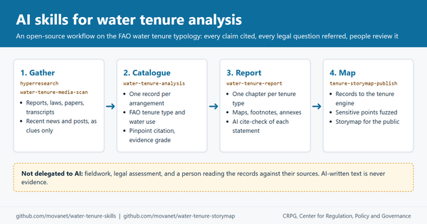 Diagram: gather, catalogue, report and map, the four steps of the open-source water tenure skills
