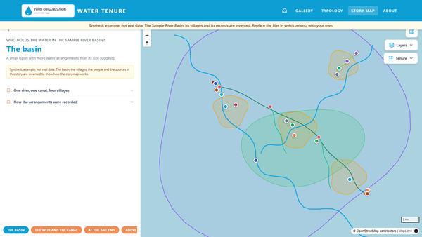 The open-source water tenure storymap showing its synthetic sample basin, with tenure records on the map beside the story